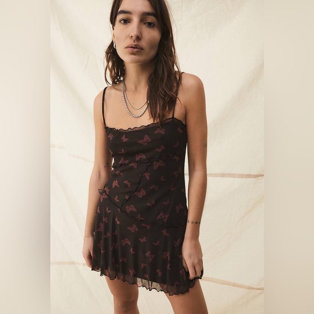 UO Moxie Butterfly Mesh Mini Slip Dress